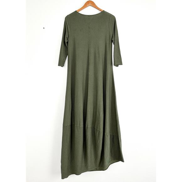 Wendy Trendy Lagenlook Olive Green Cotton Micro Stripe Maxi Dress one size - Picture 3 of 8